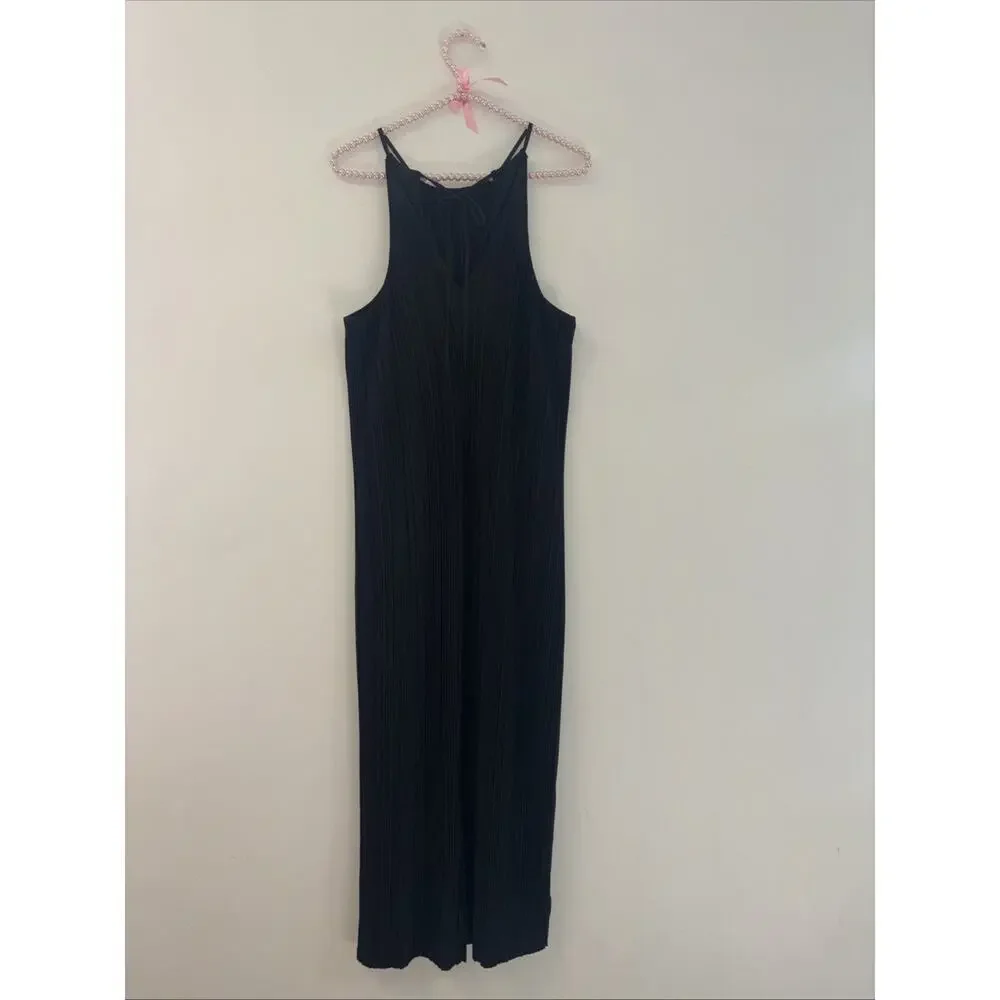 Women’s High Neck Black Maxi Dress Pleated Sz Lg Whimsigoth Fairy Grunge Romanti